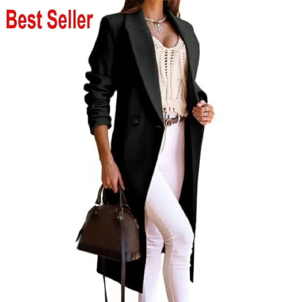 Long Wool Trench Coat Double Breasted Peacoat Classic Elegant Slim Fit Overcoat